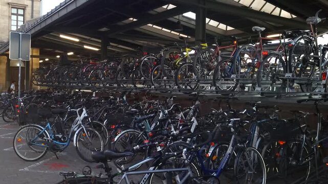 Double level bicycle parking at the train station in a small town  Erlangen, Germany