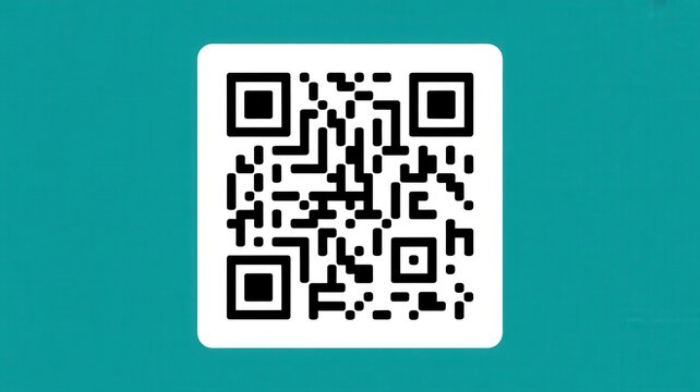 Black and white QR code centered on a solid turquoise background with copy space