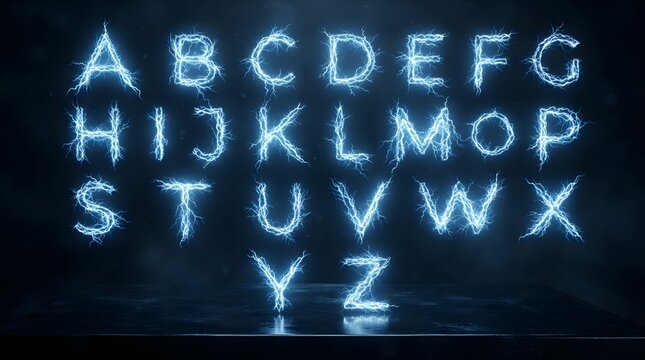 A full collection of alphabet letters presented in a vibrant futuristic glowing neon aesthetic against a dark backdrop ideal for modern digital artwork and designs