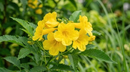Fototapeta premium Yellow trumpet flowers blooming fully among abundant green garden vegetation