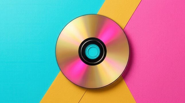 80s geometric layout with an audio CD and vibrant bold colors in a vintage modern paper flat style.