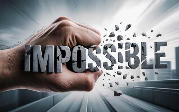 Human hand crushing the word impossible made of stone into pieces representing overcoming challenges