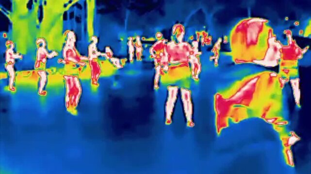 Exercise and dancing in an outdoor group. Image from thermal imager device.