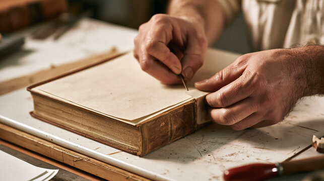 Close-up of a bookbinder's hands using a tool to carefully repair or bind an old hardcover book at a workbench
