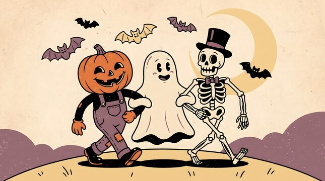 Vintage cartoon style pumpkin head ghost and skeleton walking together