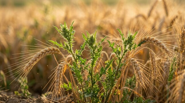 Green thorny tares seen growing among mature wheat stalks in a harvest field