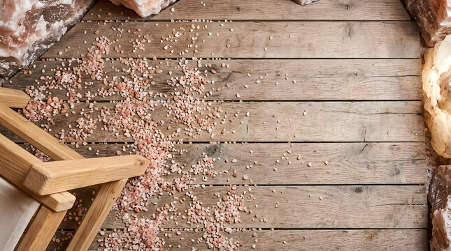 Spilled pink Himalayan salt crystals on a rustic wooden floor in a salt cave. Spa room background