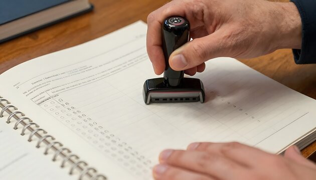 Hand pressing black stamp on paper notebook, official, approving document on wooden desk with copy space
