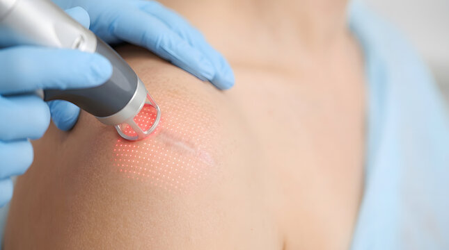 Dermatologist performing fractional laser skin resurfacing on shoulder scar. Medical aesthetic treatment
