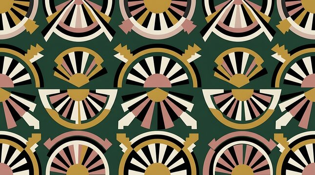 Art deco style seamless pattern with geometric sunburst fan shapes on a dark green background