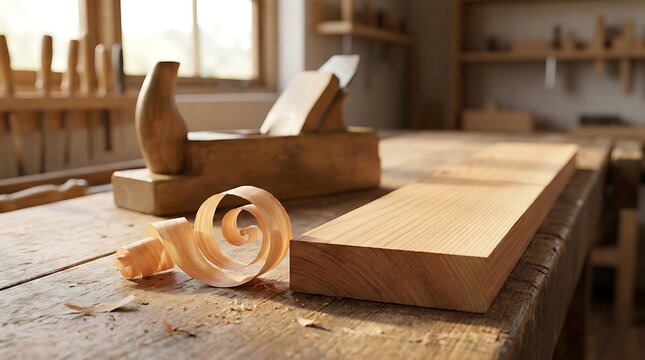A wooden workbench with a plane tool and a wood curlique resting next to a plank in a rustic carpentry workshop