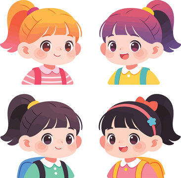 Cute diverse schoolgirls with backpacks set in cartoon vector style