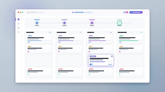 Minimalist UI dashboard featuring project management board with task columns, progress timeline, and abstract data visualization in a clean flat vector style for business software concepts.