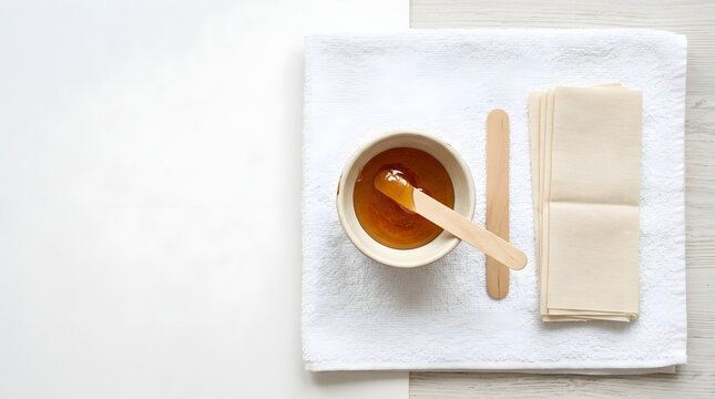Flat lay of sugaring paste and wooden spatula on a white towel. Cosmetology epilation accessories
