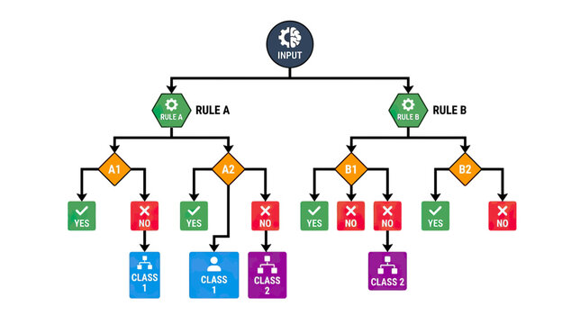 Decision Tree Flowchart with Input, Rules, and Classes