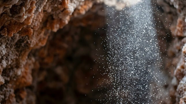 Ray of light illuminating floating particles inside salt cave. Halotherapy salt room microclimate and air ionization