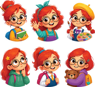 Cute red-haired girls in glasses student artist and friend avatars on white
