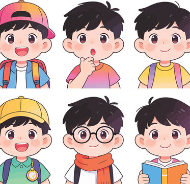 Cute school boy character set with various expressions and poses.