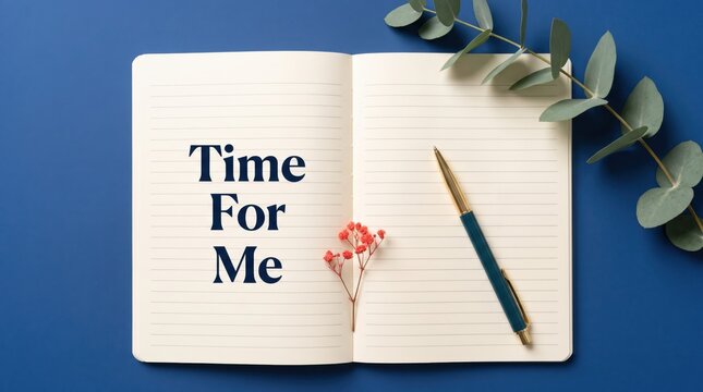 Open notebook with time for me text next to a pen and eucalyptus leaves on a blue desk