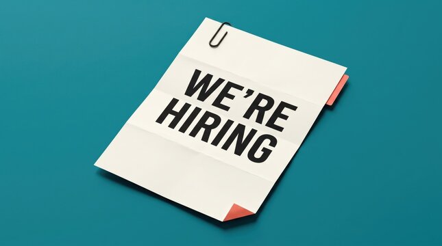 White notebook displaying we are hiring text on a teal green background