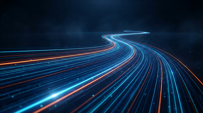 Blue neon light tunnel on dark city road at night with motion blur effect