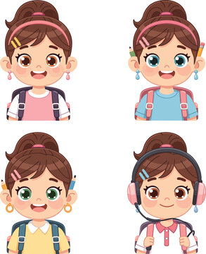 Cute school girl avatar characters set with bag and pencil vector illustration