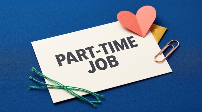 Part time job text on white paper with a pink heart and clips on a blue background