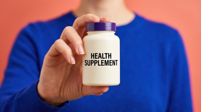 Person holding a white bottle labeled health supplement against a pink background