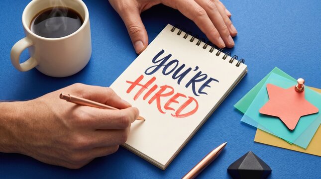 Hands writing you are hired in a notebook next to a coffee cup on a blue desk
