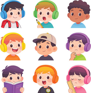 Diverse cartoon boys illustrate childhood emotions learning and headphone use