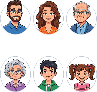 Diverse cartoon avatars of men women seniors and children for user profiles isolated