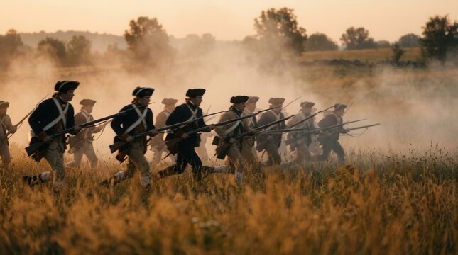 Hazy field scene with Revolutionary War soldiers charging during a historical reenactment.