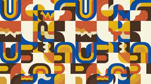 Abstract geometric seamless pattern with colorful curved shapes and bold retro style vector illustration