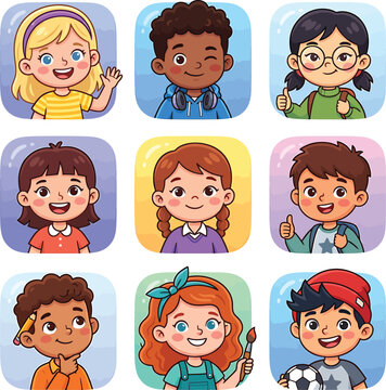 Diverse children cartoon avatars set with happy school kids faces smiling portraits of boys and girls for app profile icons.