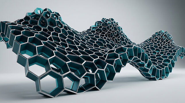 Abstract geometric structure made of interconnected hexagonal and pentagonal shapes transparent background