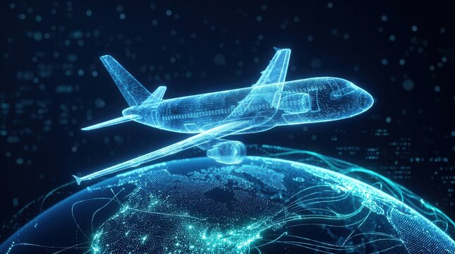 Worldwide travel and globalization symbolized by a hologram of an airplane flying around a digital earth globe in augmented reality.