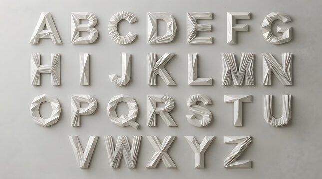 A full alphabet set of three dimensional block letters carefully arranged in sequential order on a simple neutral gray backdrop for various design projects and