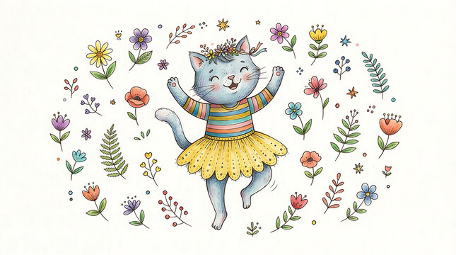 Colorful floral illustration with dancing ballerina and musical notes