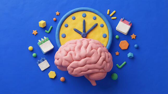 Creative brain illustration with clock and colorful icons representing time management and productivity