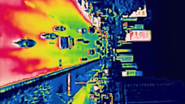 Night street of the motorcyclists city. Image from thermal imager device. Vertical video