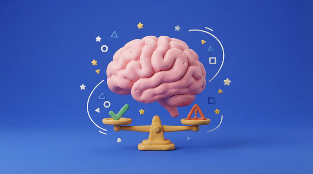 Creative brain illustration with colorful neural connections and balance scales