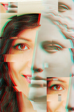 Art collage with glitch effect. Funky poster, zine cover, print. Artwork unusual in digital style.