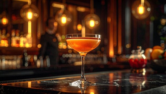 Amber cocktail glass on marble bar counter