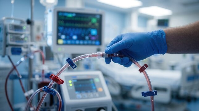 Perfusionist in a medium shot priming an ECMO circuit next to a pediatric bed, focusing on the precise connection of oxygenator tubing against blurred monitors.