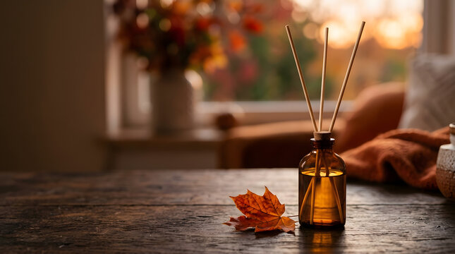 Aromatic reed diffuser with essential oil in a glass bottle on a wooden table with soft warm sunset lighting