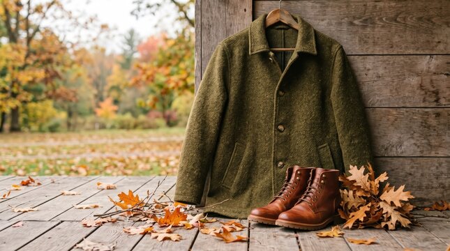 Stylish outdoor autumn fashion outfit featuring a green textured jacket and brown