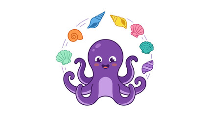 Cute cartoon octopus surrounded by colorful seashells © rendiodding