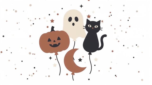 Group of cute Halloween balloons pumpkin ghost cat and moon floating flat animation