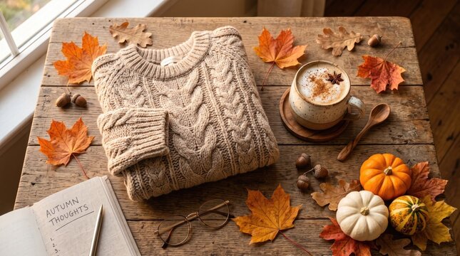 Cozy autumn setup with a cable knit sweater and a steaming cup of coffee