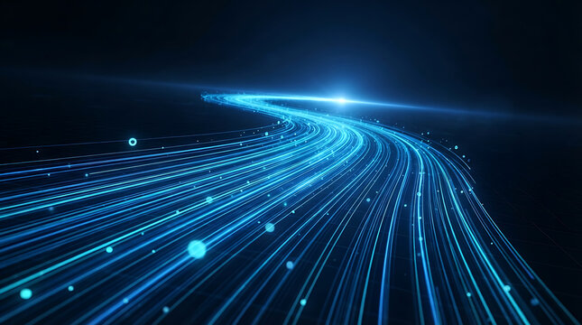 Blue neon light trails forming futuristic tunnel effect with vibrant dots